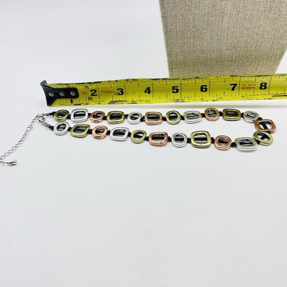 Open Square Necklace Black Suede Cord Mixed Metal Tones Modernist Classic Career - Picture 8 of 9